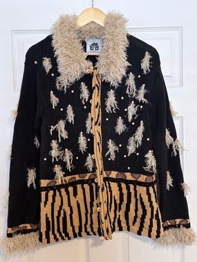 Storybook Knits Hand‑Knit Animal Print Lion King Vintage Cardigan M